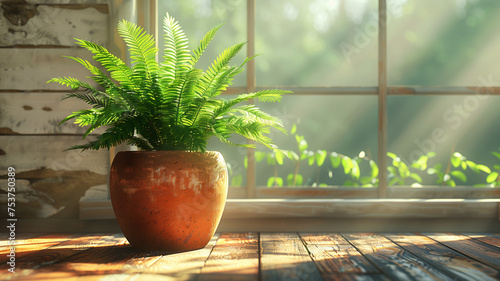 A small plant in a brown vase sits on a wooden table by a window