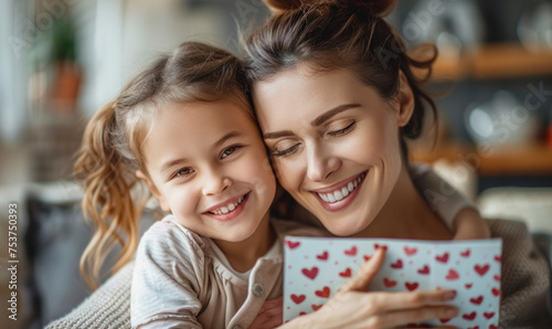 A woman and a little girl are hugging and smiling. The woman is holding a card with hearts on it