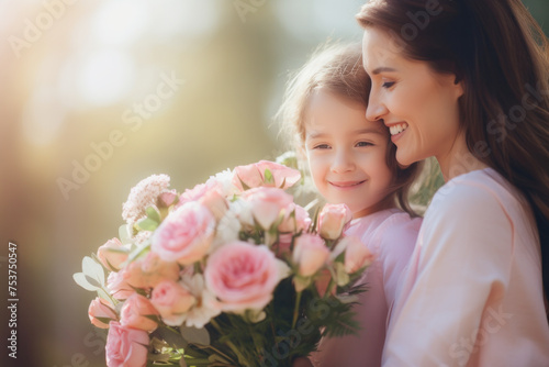 A woman and a child are holding a bouquet of pink flowers. The woman is smiling and the child is also smiling. Scene is happy and joyful