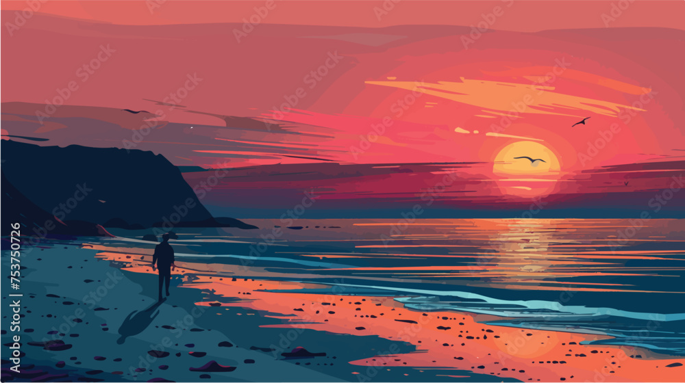 A solitary figure strolls along the shore of a beach, the sun setting in the background casting a warm glow over the scene - obrazy, fototapety, plakaty 