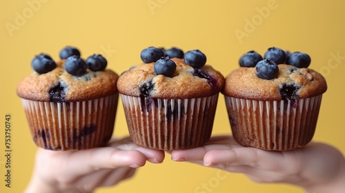 a hand holding three blueberry muffins with blueberries on top of one of the muffins.