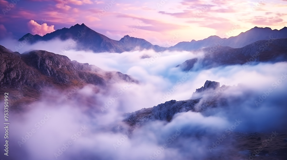 The mountains in fog at night, autumn landscape with alpine mountain valley, low clouds, purple starry sky. Best travel locations. Beautiful scenic - obrazy, fototapety, plakaty 