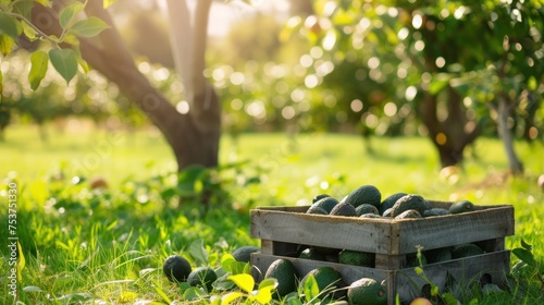 a crate full of cucumbers sitting in the grass in front of a tree with the sun shining through the leaves. photo