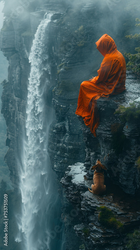 A Zen monk sits in serene meditation on the edge of a cliff watching a huge waterfall with his dog,generative ai