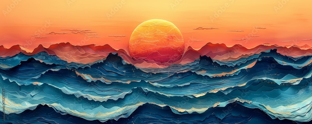 Ocean waves illustrated with a minimalist approach, featuring surreal environments and vibrant colors. - obrazy, fototapety, plakaty 