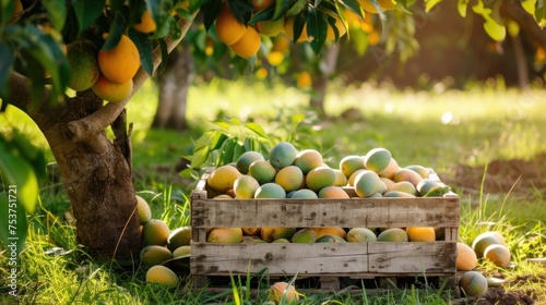 a wooden crate filled with lots of fruit sitting in the grass next to a tree with lots of oranges on it. photo