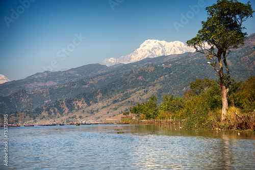 Serenity by Phewa Lake with the Snowy Annapurna Range in the Distance, Pokhara, Nepal