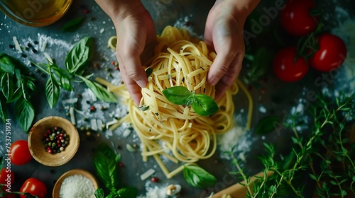 a visual story by arranging herbs used in Italian cuisine around a pasta dish