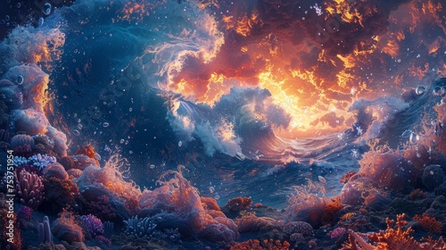 Ocean waves illustration in a vibrant, surreal environment, featuring marine life and fantasy creatures.