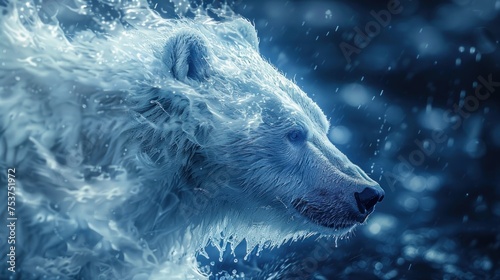a close up of a polar bear's face with water splashing on it's face and a dark background. photo