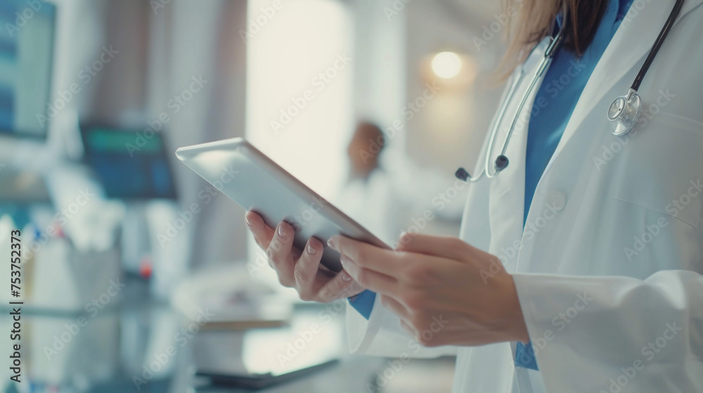 Medical and technology concept. Doctor analyzing problems on tablet. Doctor checking patient results. Medical and technology concept. Doctor analyzing problems on tablet. Doctor checking patient results.