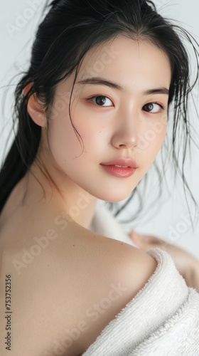 Potrait Beauty. Asian Woman 25 years, with towel in white background