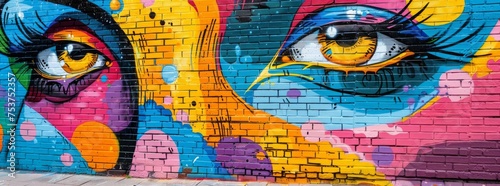 Eye-catching urban wall mural featuring detailed  vibrant eyes in a collage of dynamic colors and patterns.
