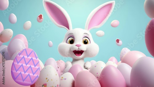 Lapin de Pâques heureux de faire la chasse aux œufs