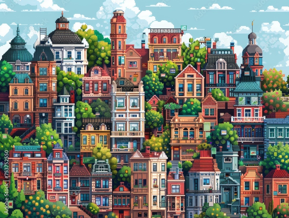 Whimsical cityscapes in pixel art blend nostalgia with vibrant, modern aesthetics.