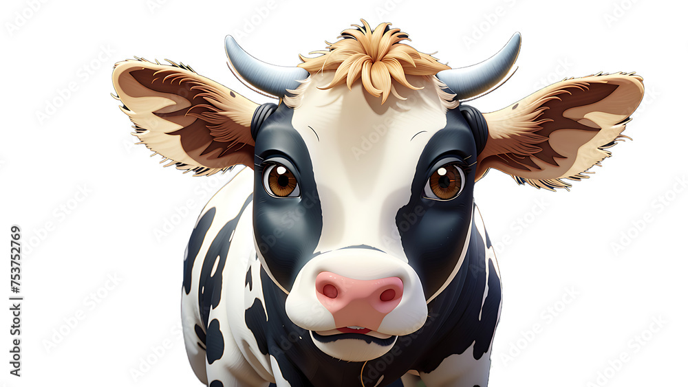 Cheerful cartoon cow in a farm scene, surrounded by nature, with a funny expression, on alpha channel