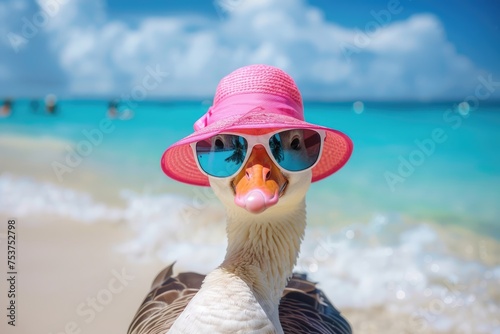 bird goose in sunglasses and hat on the beach near the sea, looking at the camera. summer vacation by the sea