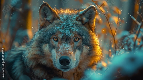 a close up of a wolf with snow on it's face and a blurry background of trees and bushes.
