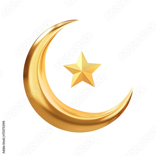 3d rendering golden crescent moon with star isolated on transparent background, PNG file 