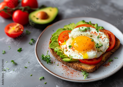 Avocado_toast with an egg and tomatoes, angle view, ultra realistic food photography 