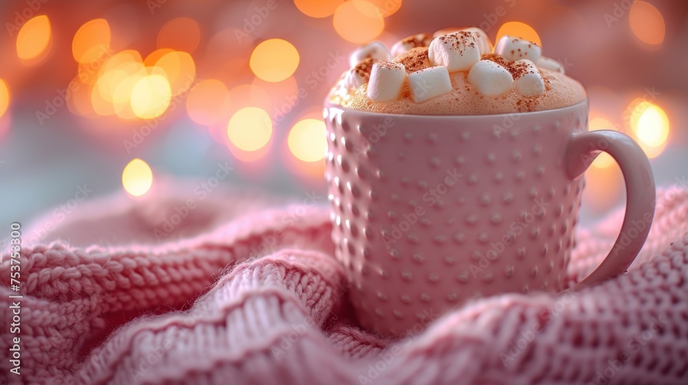 a cup of hot chocolate and marshmallows on a pink blanket with a boke of lights in the background. a cup of hot chocolate and marshmallows on a pink blanket with a boke of lights in the background.