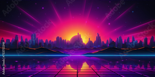 Synthwave city landscape with a pink and blue sky and a grid of neon lights on the ground.,Minimalist vector art