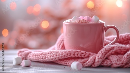 a cup of hot chocolate with marshmallows on a pink blanket with a christmas tree in the background. photo