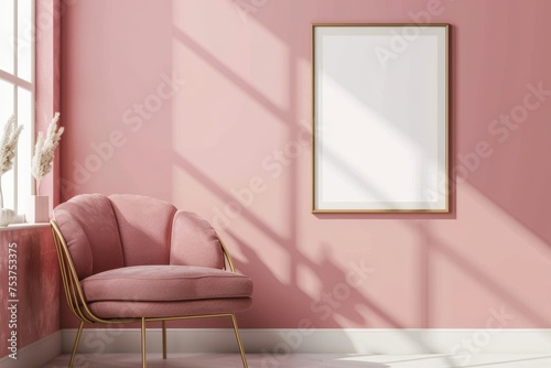 A pink room featuring a chair and mirror, with a mockup poster frame hanging on the wall