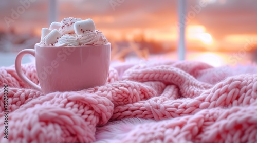 a cup of hot chocolate and marshmallows on a pink blanket with the sun setting in the background. photo