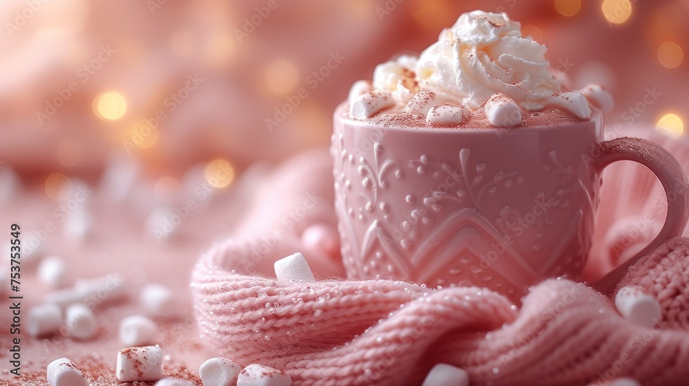 a pink cup of hot chocolate with marshmallows on a pink blanket with a pink boke of lights in the background. a pink cup of hot chocolate with marshmallows on a pink blanket with a pink boke of lights in the background.