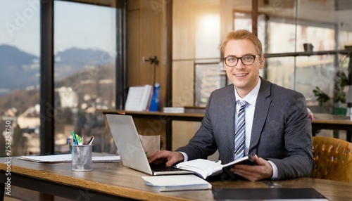 A businessman wearing a suit and a tie in his office smiling and working