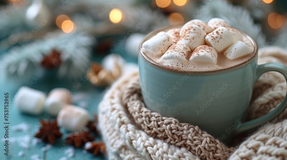 a cup of hot chocolate with marshmallows in it on a blanket with a christmas tree in the background. a cup of hot chocolate with marshmallows in it on a blanket with a christmas tree in the background.