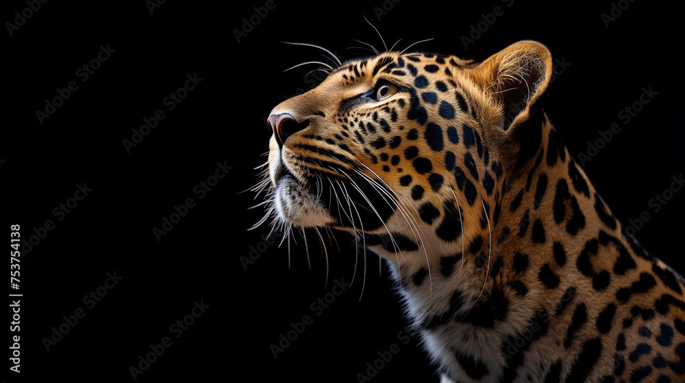 close up profile portrait of a leopard on a black background
close up profile portrait of a leopard on a black background