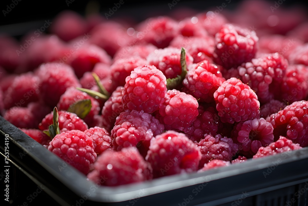 Fresh raspberries in a plastic box. Selective focus. Fresh raspberries in a plastic box. Selective focus.