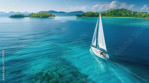 Aerial View of a Sailboat Gliding through Crystal Clear Blue Waters