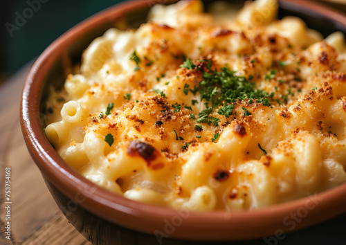 Mac and cheese close-up, angle view, ultra realistic food photography 