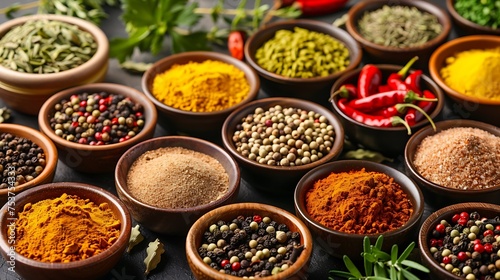 A variety of colorful spices and herbs in small bowls