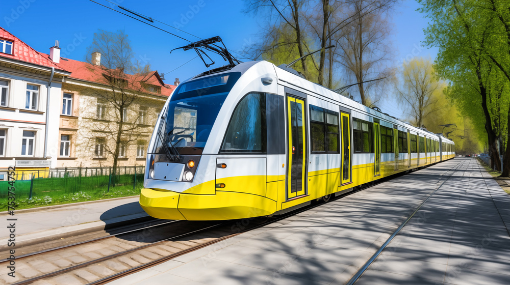 Tram in the city center, green trees background, public transportation, sunny day in town