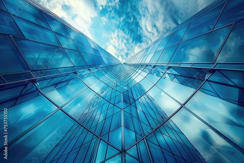 Abstract Skyscraper Office Building View. Wide Angle Modern Architecture with Reflective Blue Glass and Sky Background