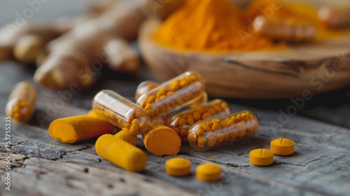 a turmeric capsules, traditionally used for their anti-inflammatory and pain-relieving properties