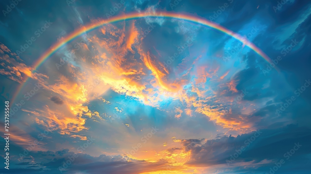 Around the Circular Rainbow: Beautiful Sunset with Bright Blue Atmosphere and Cirrus Clouds in Circular Background Beauty