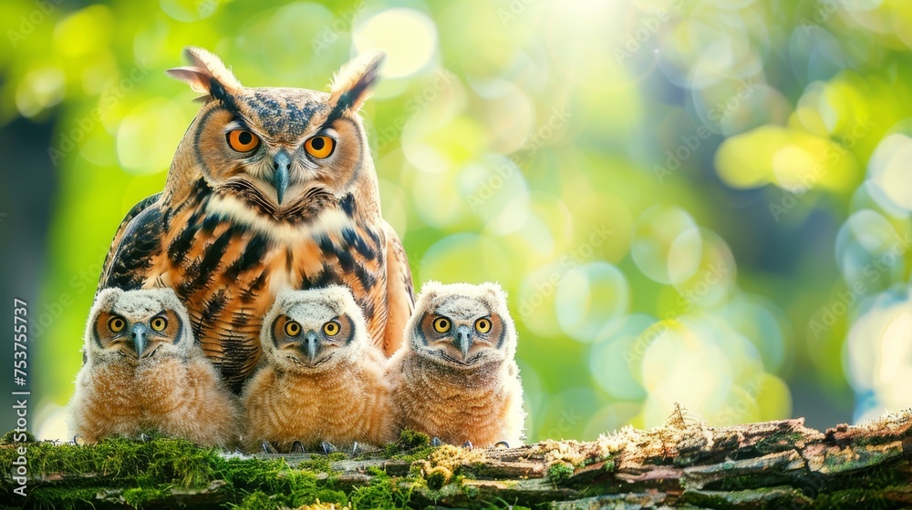 Obraz premium a family of three owls sitting on top of a moss covered tree branch in front of a bright green background.
