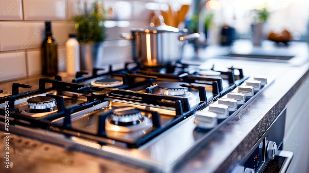 A clean and modern gas stove top with two burners, set into a stainless steel surface that is part of a kitchen counter. Generative AI. A clean and modern gas stove top with two burners, set into a stainless steel surface that is part of a kitchen counter. Generative AI.