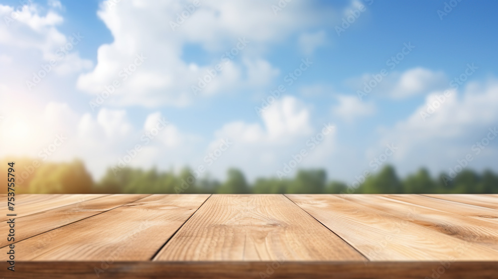 wooden table with white clouds background generative ai wooden table with white clouds background generative ai