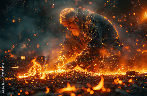 blacksmith working in a factory. sparks from metal