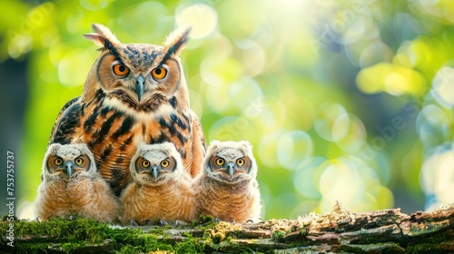  a family of three owls sitting on top of a moss covered tree branch in front of a bright green background. © Ilona