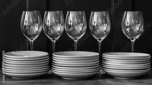 a black and white photo of a stack of wine glasses and a stack of plates and glasses on a table. photo