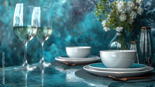 a close up of two glasses of wine on a table with plates and glasses of wine in front of a vase with flowers.