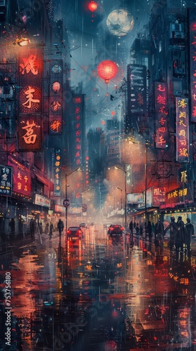 Urban sketches of cyberpunk cityscapes with vintage maps overlay  ethnic patterns  and neon signs.