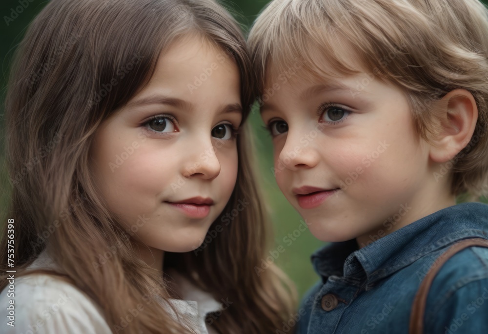 The concept of child friendship and kindness. Sweet angel children. Child care. Romantic and love. Human emotions - kids first love. Summer portrait of happy cute children The concept of child friendship and kindness. Sweet angel children. Child care. Romantic and love. Human emotions - kids first love. Summer portrait of happy cute children